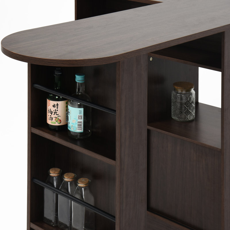 Armoire de bar moderne en noyer avec 6 boîtes de rangement et une étagère à condiments rotatifs, noyer, espaces 2 portes en verre