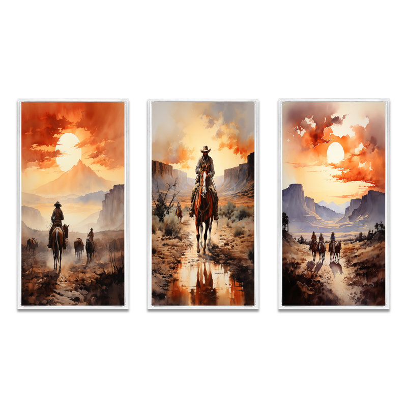 «Cowboy Chassing The Sunset», 3 pièces, Cadre blanc, H 20 po x l 36 po