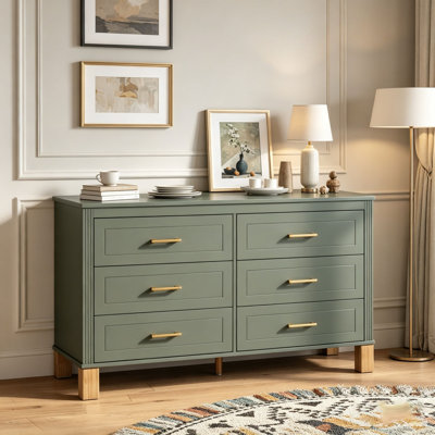 Commode double 6 tiroirs, armoire de rangement moderne avec poignées en métal et pieds en bois massif