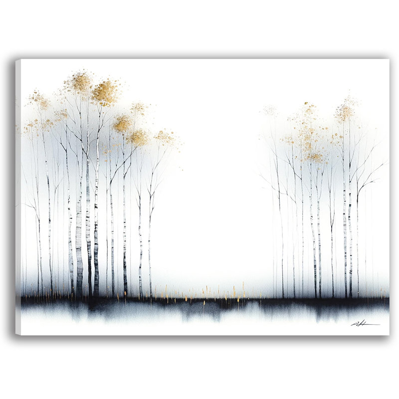 Art mural sur toile Golden Birch Trees in Misty Winter, H 12 po x l 16 po x P 1 po