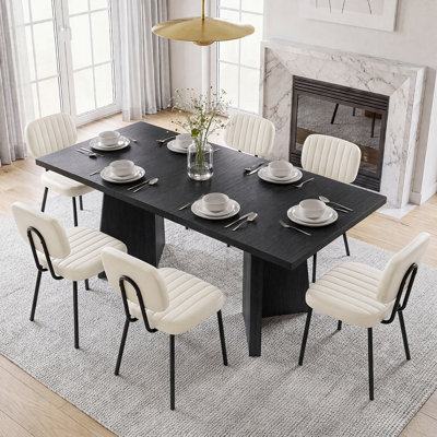 7-Piece Extendable Rectangular Dining Table Set With Upholstered Dining Chairs, Modern Farmhouse Dinette Set For Dining Room Kitchen