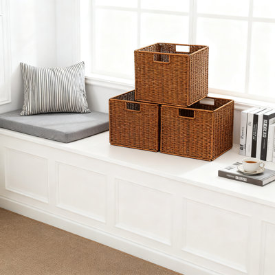Panier de rangement en osier tissé à la main avec poignées, bac d'organisation pliable pour tablettes, garde-manger, cuisine et salle de bain