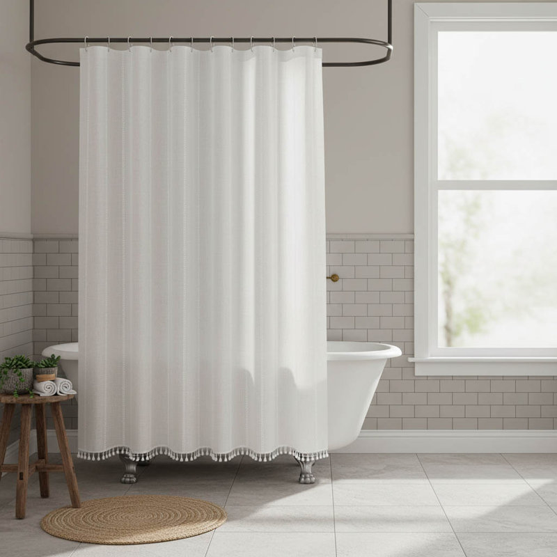 Boho Farmhouse Tassel Shower Curtain, White