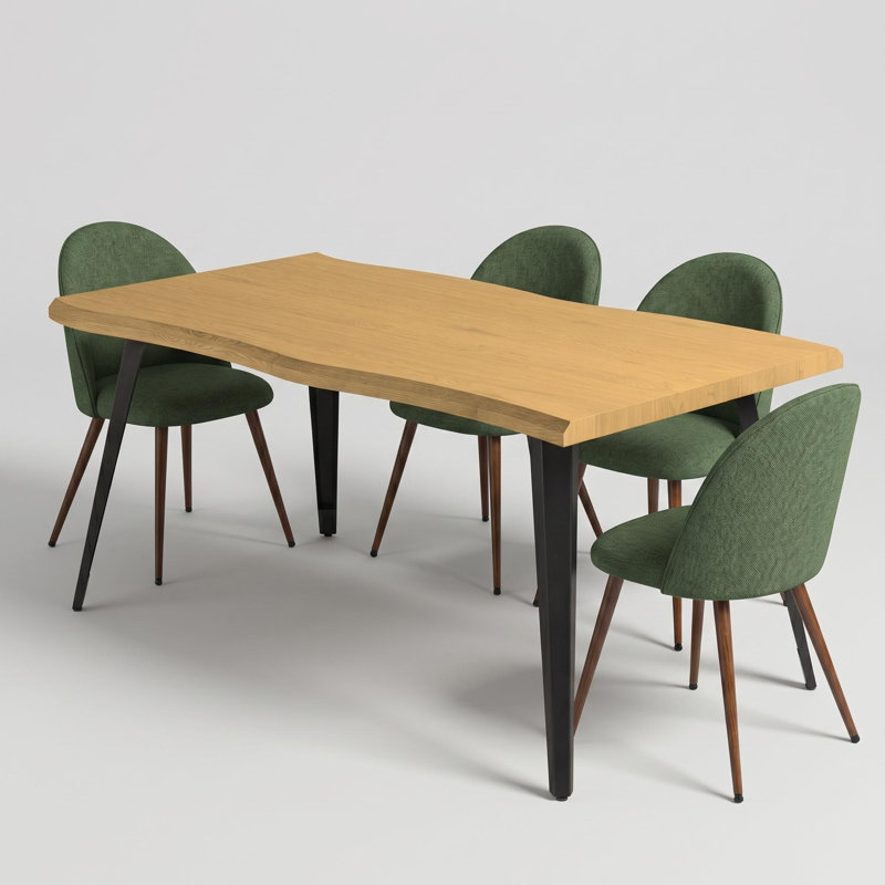 Shivani 5-Piece Dining Set - 63” Wood Table with Modern Wavy-Edge Design for Kitchen Dining Room, Brown, Haven Green/Brown