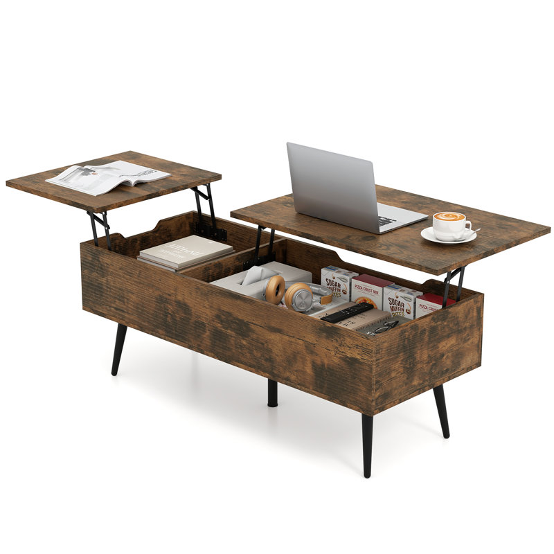 Lift Top Coffee Table w/ Split Top & 2 Hidden Compartments Tapered Metal Legs, Brown Top/Black Base