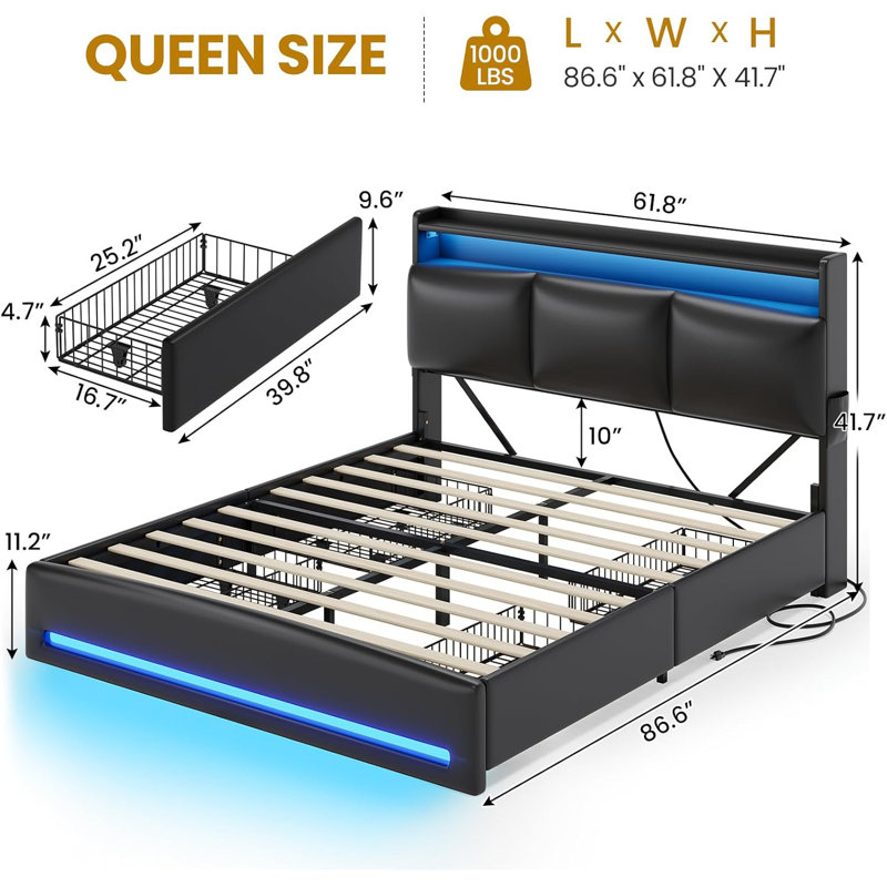 Queen Size Upholstered Platform Bed Frame with Charging Station, 4 Drawers and LED Lights, Heavy Duty, No Box Spring Needed