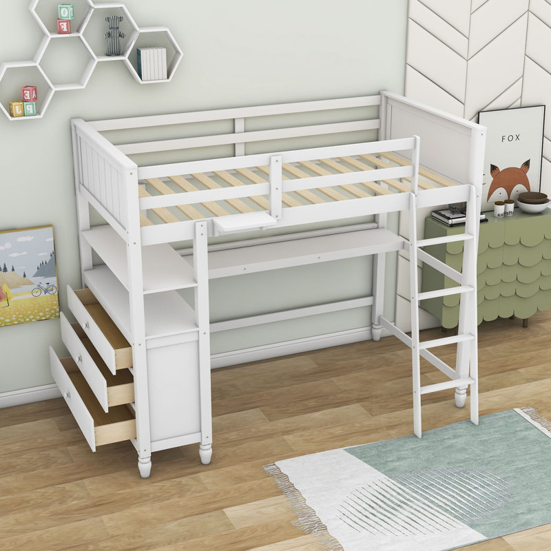 Gamel Kids Twin Loft Bed with Drawers, White