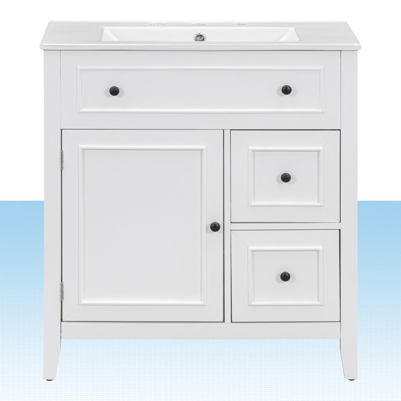 Cardello 30 " W Freestanding Standard Free Standing 1 Single Vanity Bathroom Vanity With Ceramic Top, White, Black