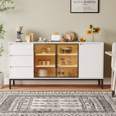 Buffet avec rangement, salle de rangement à panneau latéral de cuisine avec portes et 3 tiroirs, support de garde-manger, console, mobilier de table de salle à manger, salon, salle à manger blanche