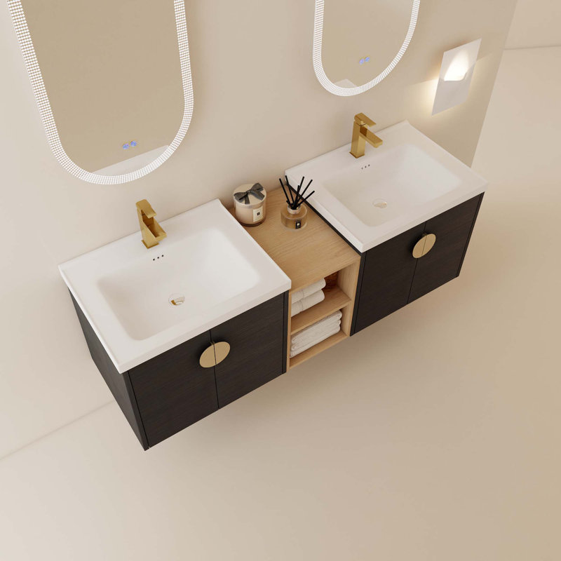 Meuble-lavabo à fermeture en douceur 60 po avec lavabo et petites tablettes de rangement