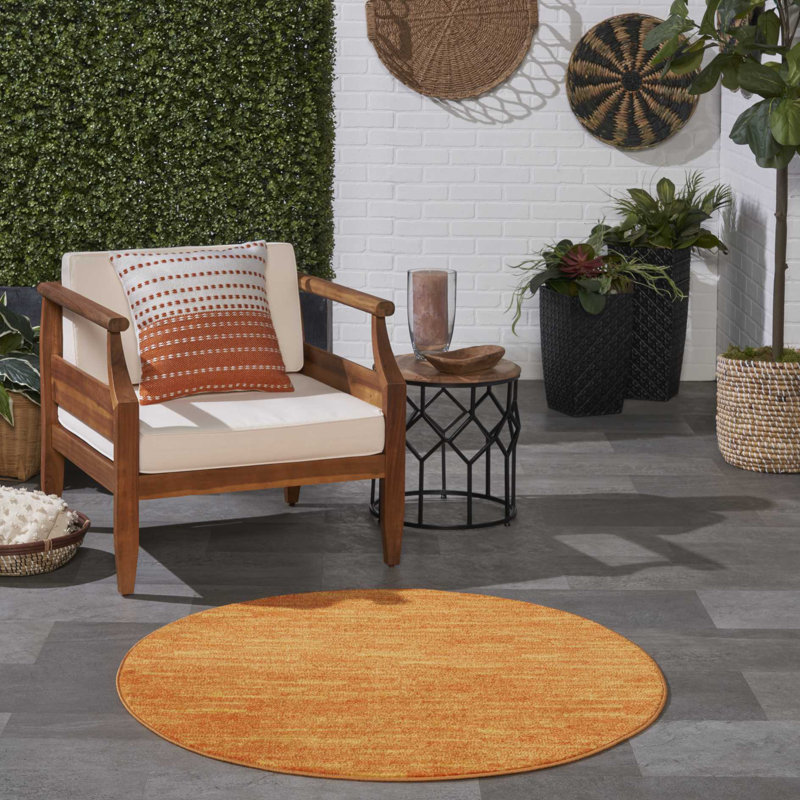 Mullican Sandy Solid Sunburst Orange Easy Care Indoor/Outdoor Area Rug, Round 4'