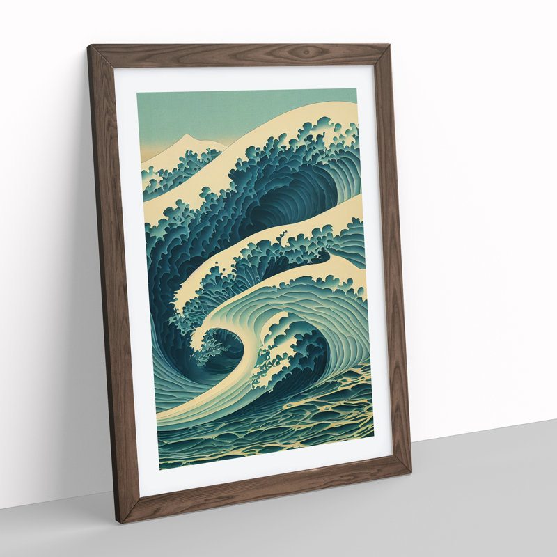 Traditional Japanese Wave No.4 - Wall Art, 48cm H x 36cm W, Walnut Framed, White