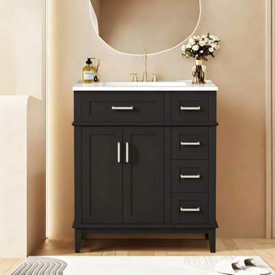 Meuble-lavabo de 30 pouces avec lavabo en céramique, armoire de rangement autoportante moderne avec portes à fermeture en douceur, tiroir profond et tiroir standard, meuble-lavabo élégant pour les petites salles de bain, salle de bain d'invité et salle d'eau