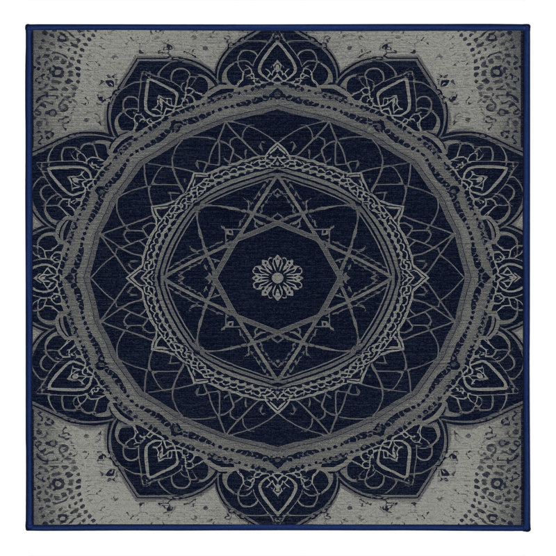 Machine Washable Wynsum Global Inspired Geometric Shapes Rug in Gray – Navy Binding, 3' Square