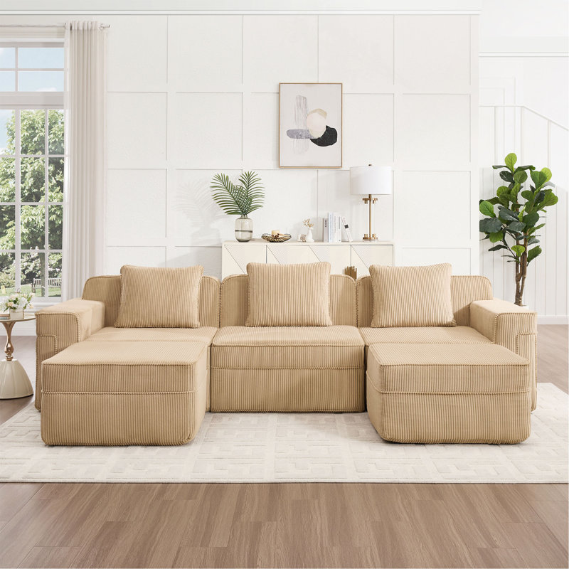 Canapé modulaire modulaire à 3 places en forme de U sans os, canapé modulaire Cloud avec assise profonde, canapé modulaire moderne à 3 places avec coussins décoratifs et 2 repose-pieds amovibles, tissu en velours côtelé