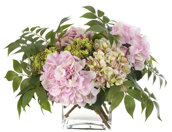 Hydrangea, Pink Green, Glass Cube, 22wx18dx14h