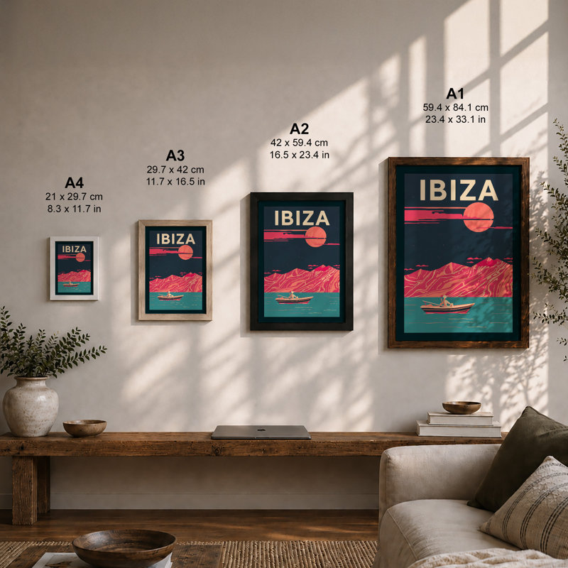Postcard from Ibiza Retro - Framed Print, A2 - 59.4 x 42.0 cm, Walnut