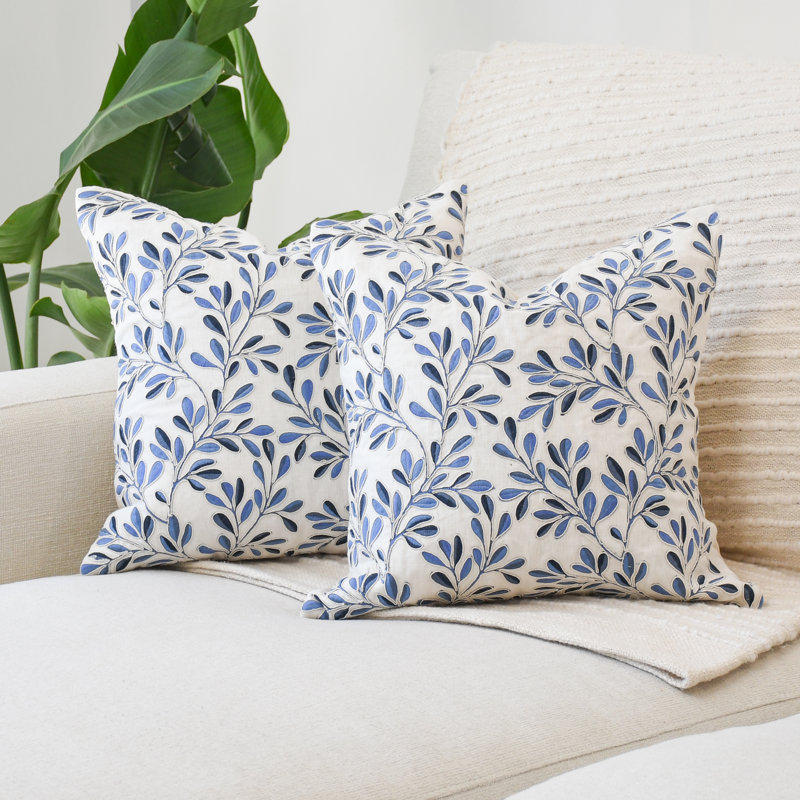 Broderie florale bleue, Bleu, Ensemble 2 pièces, H 20 po x l 20 po