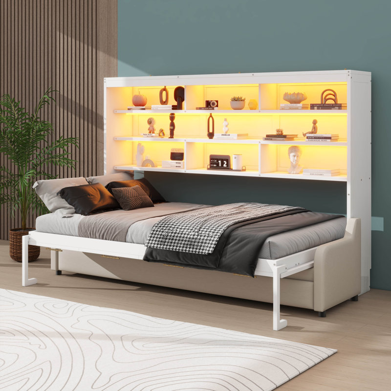 Grand lit escamotable avec rangement escamotable pour grand lit avec canapé escamotable, unités de rangement intégrées et éclairage DEL
