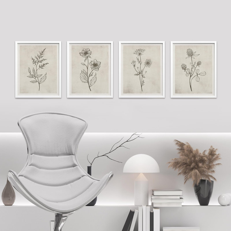 Fleurs abstraites botaniques encadrées sur papier, impression de 4 pièces, Blanc, H 14 po x l 11 po
