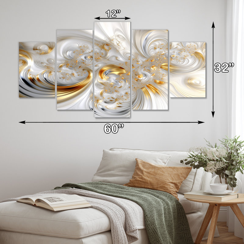 «Whirling River Dynamics Gold and White II - Abstract Spirals», art mural pour le salon, 5 pièces, H 32 po x l 60 po