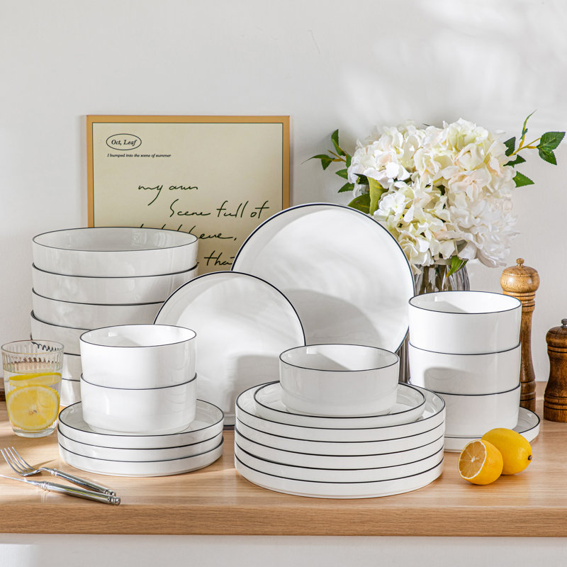24 Piece Porcelain China Dinnerware Set - Service for 6 , White/Black