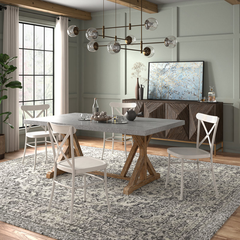 Cann Rustic Pine Frame Concrete Veneer Top Dining Table Set - Full Concrete Veneer Top Table And 4 Chairs, White