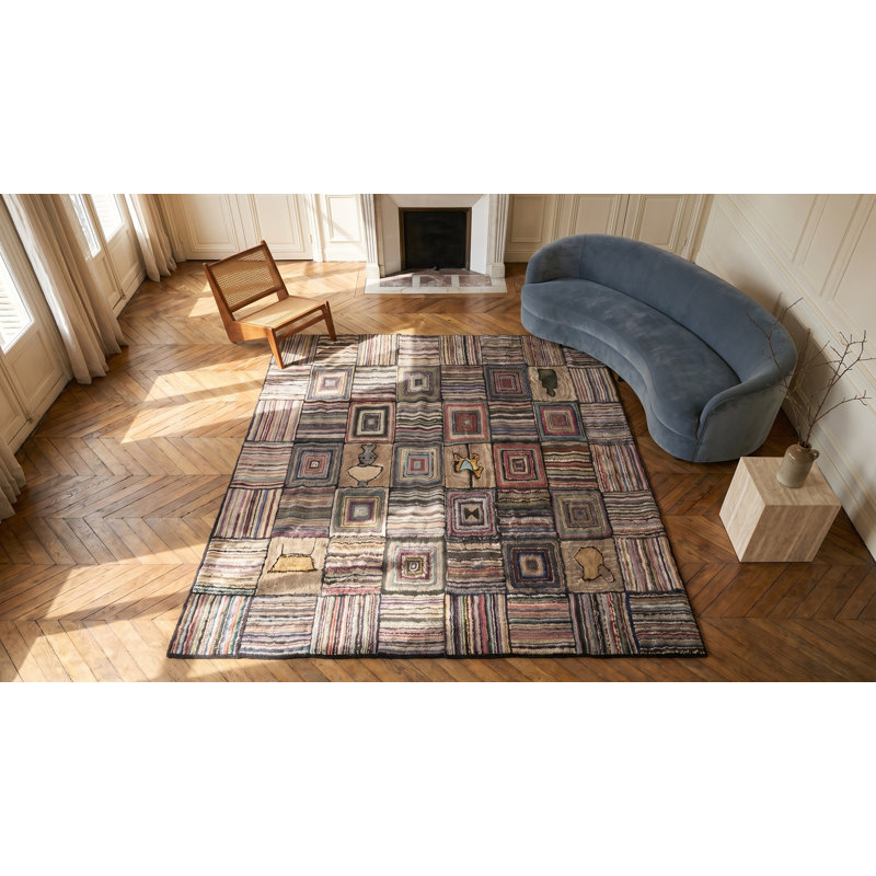 Square Antique Rare Basket Weave And Log Cabin Design American Folk Art Hooked Rug