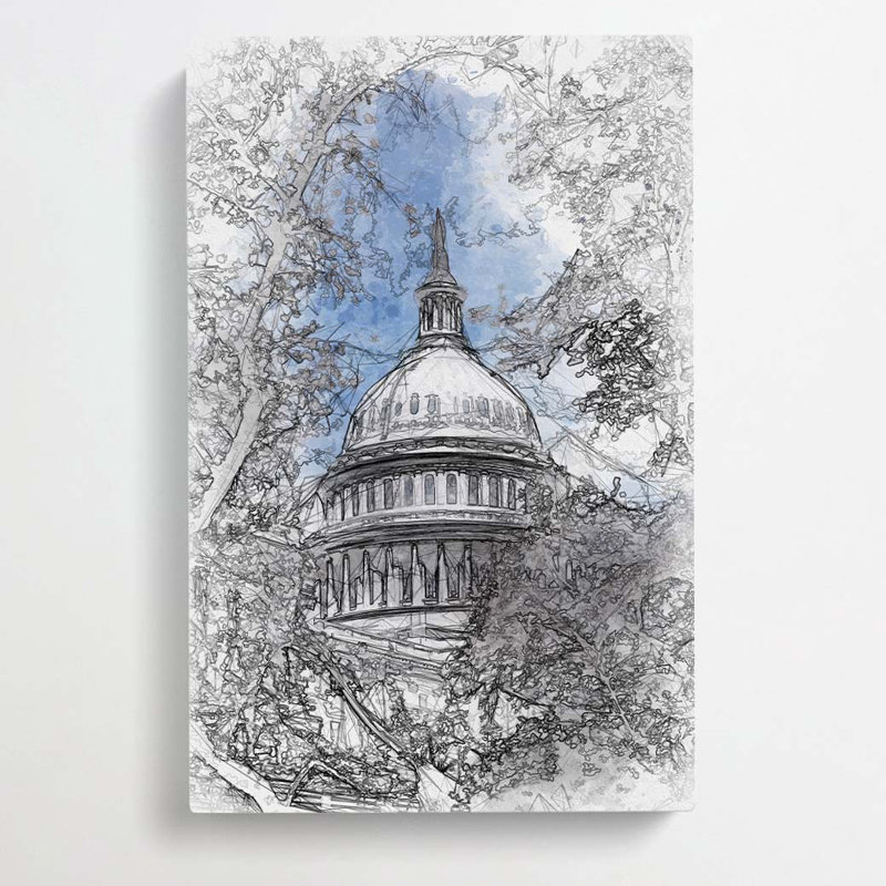 Capitol Hill & Cherry Blossom Tree In Abstract - Wrapped Canvas Print, 60cm H x 40cm W x 3cm D