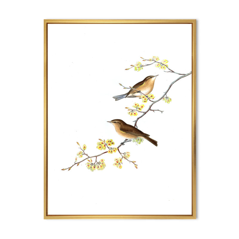 Little Birds On The Tree Branches II - Print on Canvas, Gold Floater Frame, 20" H x 12" W x 1" D