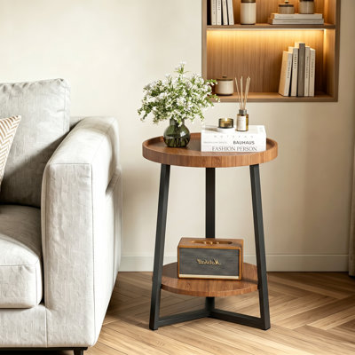 Table de bout ronde à 2 niveaux avec tablette de rangement, table de chevet pour petite maison de campagne, plateau de table en grain de bois et structure en métal noir, table d'appoint décorative pour petit salon, brun