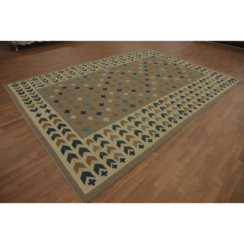 Tapis oriental en laine brun à motif tribal kilim 8 x 12