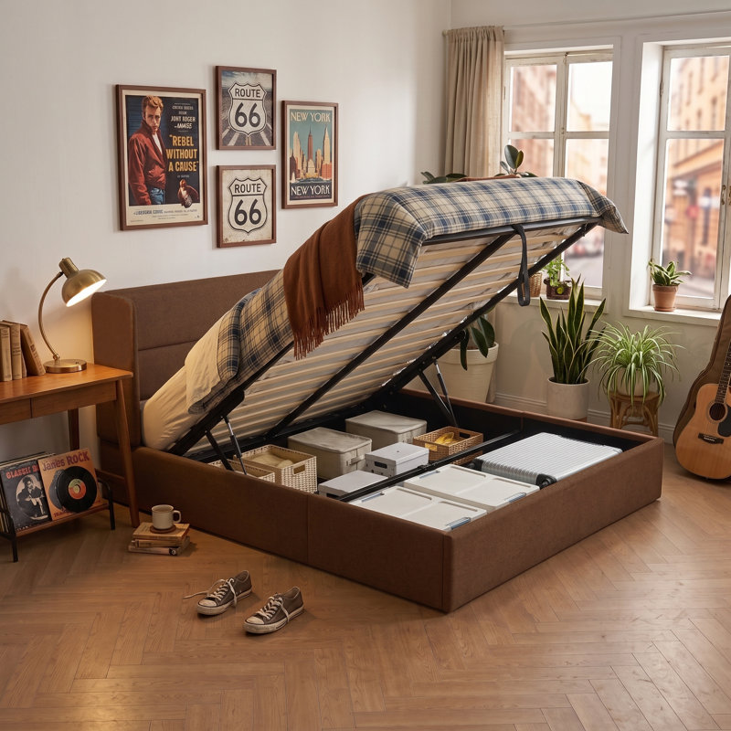 Lit plateforme tapissier avec rangement Gaillarde, Grand, Café
