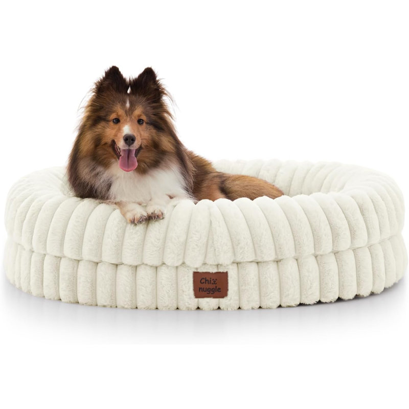 Lit pour chien de taille moyenne - luxueux canapé imperméable en fausse fourrure avec housse amovible et lavable, lit orthopédique pour animal de compagnie avec traversins pour dormir, crème