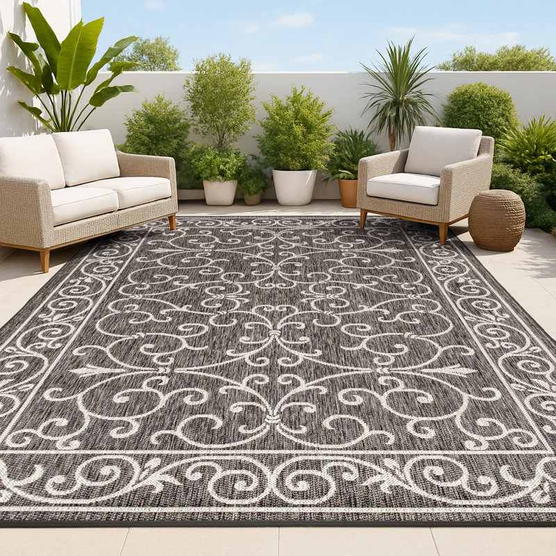 Hagerman Vintage Filigree Textured Weave Black/Gray Indoor/Outdoor Rug, Rectangle 6' x 9'