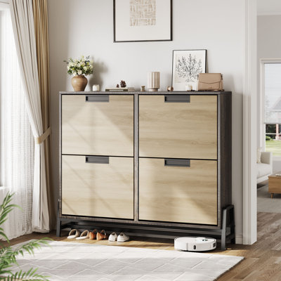 Armoire à chaussures étroite de grande capacité avec 4 tiroirs pivotants - Rangement de chaussures autoportant pour le vestibule - Tablettes réglables à 3 niveaux - Pieds en métal - Armoire brune avec surface de tiroir en bois naturel