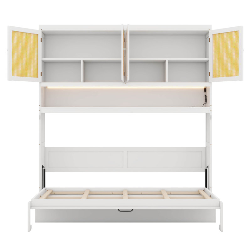 Lit escamotable simple avec armoire, lit pliant peu encombrant avec éclairage et port USB, Blanc