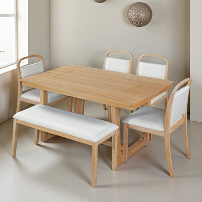 6-Piece Dining Table Set, Farmhouse Kitchen Table with 4 Upholstered Chairs & 1 Bench, Seats for 6, Rectangular Dining Set for Dining Room, Kitchen