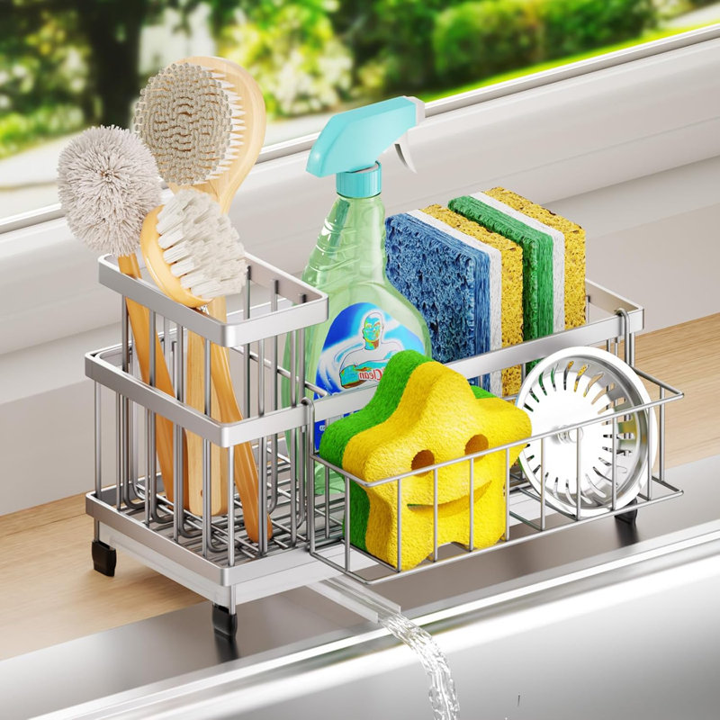 Porte-éponge en acier inoxydable avec plateau de vidange automatique à 360 ° - Organisateur de cuisine antirouille pour éponges, brosses et savon - Solution de rangement de comptoir multifonctionnelle