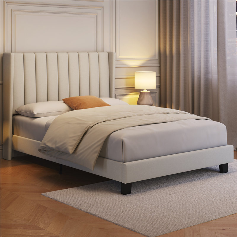 Upholstered Bed Frame with Channel Tufted Headboard, Beige, Double (4'6)
