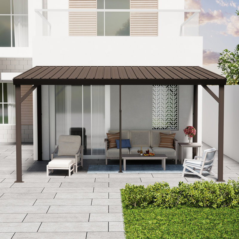 Patio Gazebo Lean to Wall Mounted Pergola with Sloping Galvanized Steel Roof, 94.68" H x 162.84" W x 117.12" D, Brown