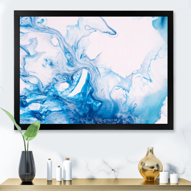Encre bleu clair, art liquide II - peinture sur toile, Cadre noir, H 31,5 po x l 41,5 po x P 1,5 po
