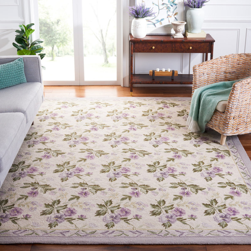 Hollander Floral Hand Hooked Wool Ivory Area Rug, Rectangle 8' x 10'