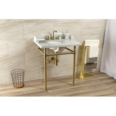 Kingston Brass Dreyden 30-Inch Carrara Marble Console Sink with Stainless Steel Legs (8-Inch, 3-Hole)