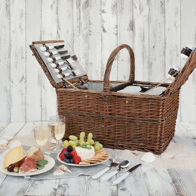 Panier en osier Twine Seaside Cape Cod avec compartiments isolés, comprenant argenterie, assiettes, serviettes de table, verres à vin, shakers et tire-bouchon, parfait pour un pique-nique ou une fête en plein air