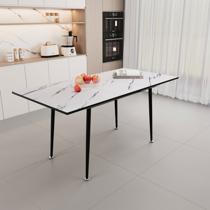 Table de salle à manger extensible de 47 po à 63 po, semblable au marbre blanc, industrielle moderne pour la cuisine et les taches, avec pieds en métal effilés noirs - marbre extensible rayonnant