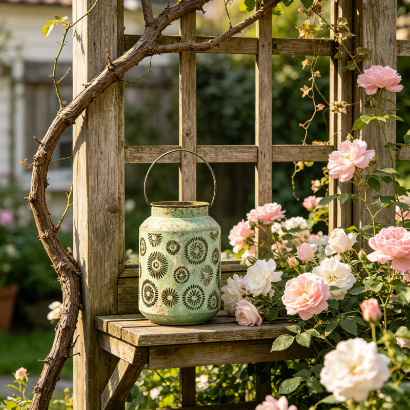 Metal Candle Lantern with Handle, Vintage Lantern for Indoor Outdoor Use – Tabletop Patio Wedding Mantel Decor, Green
