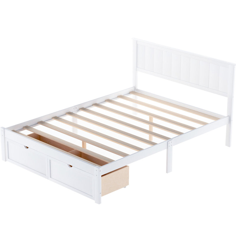 Lit plateforme de taille blanche avec des configurations pratiques sous les tiroirs - Bois de pin et pour une chambre à coucher pratique