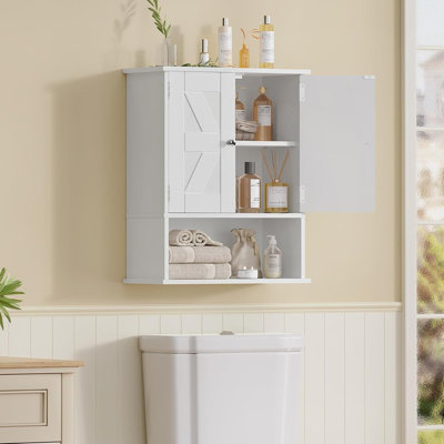 Armoire murale de salle de bain - Blanc - Économiseur d'espace au-dessus de la toilette, armoire à pharmacie suspendue, portes de grange, tablette réglable, rangement pour salle de bain