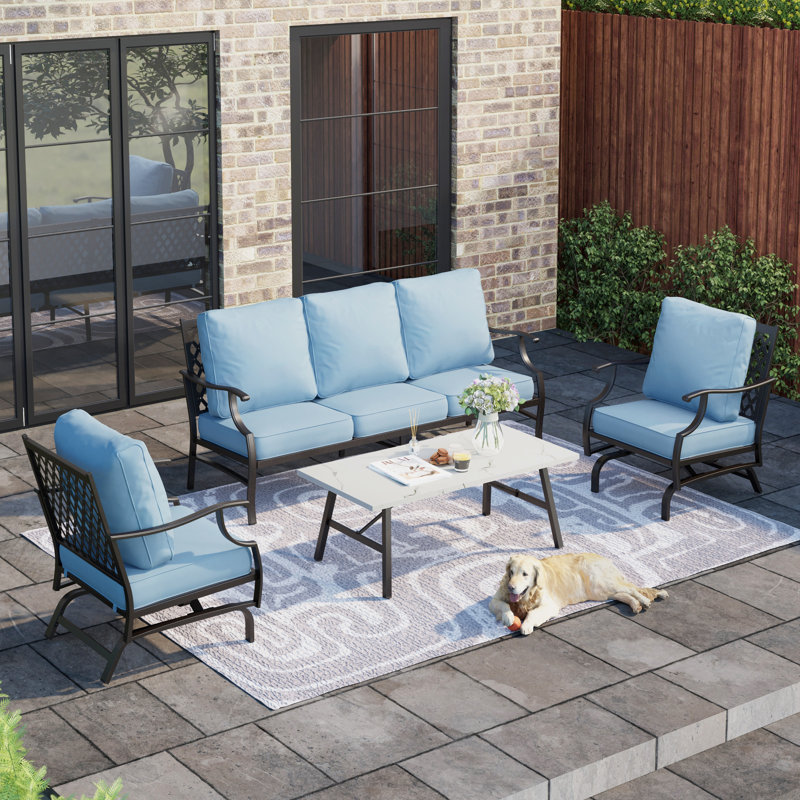 Tapasi 5-7 - Person Patio Conversation Set with Rocking Lounge Chairs & Optional Ottoman, Blue, No